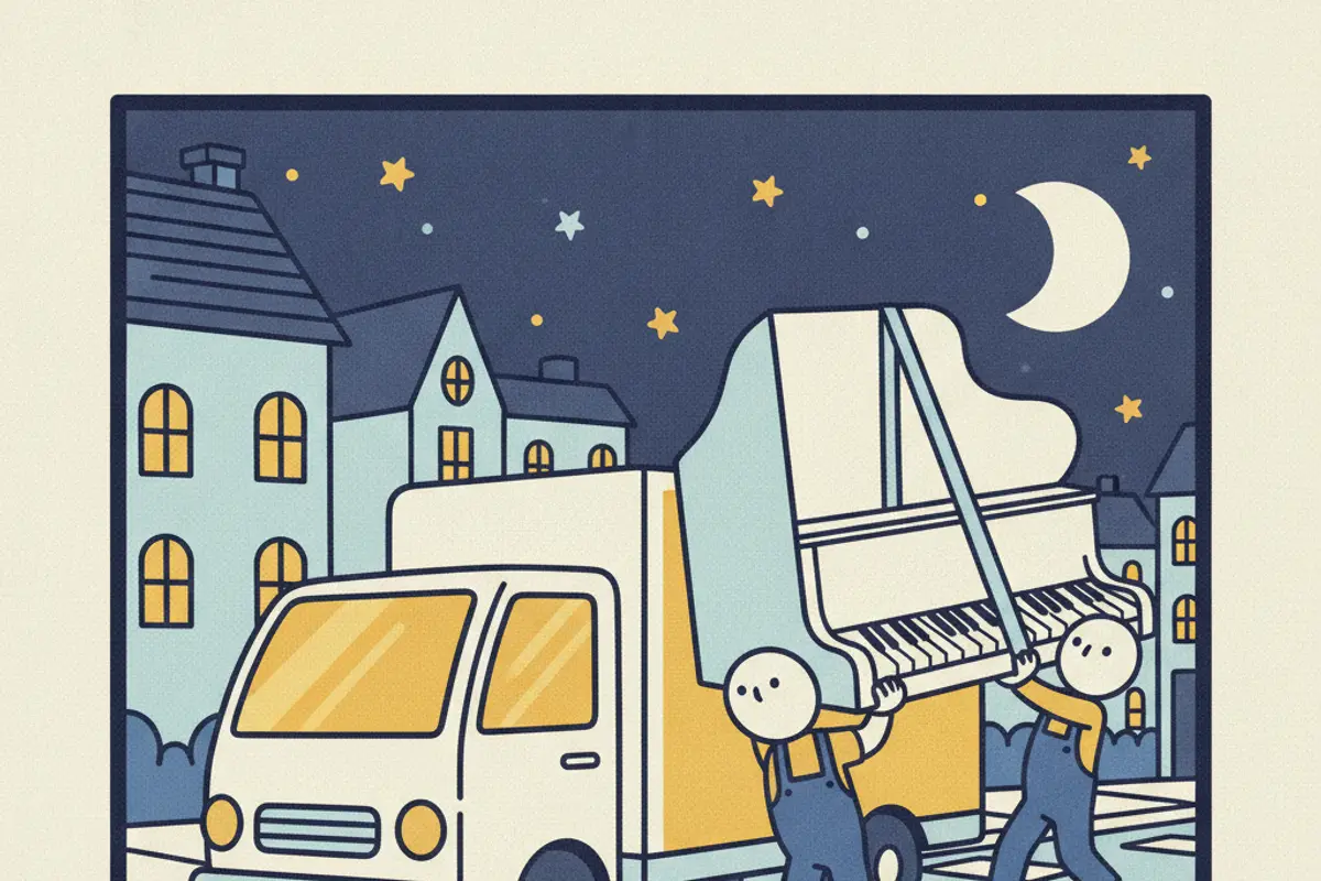 Ein in Decken gehülltes Klavier wird unter Sternenhimmel zu einem Umzugswagen in Bonn transportiert