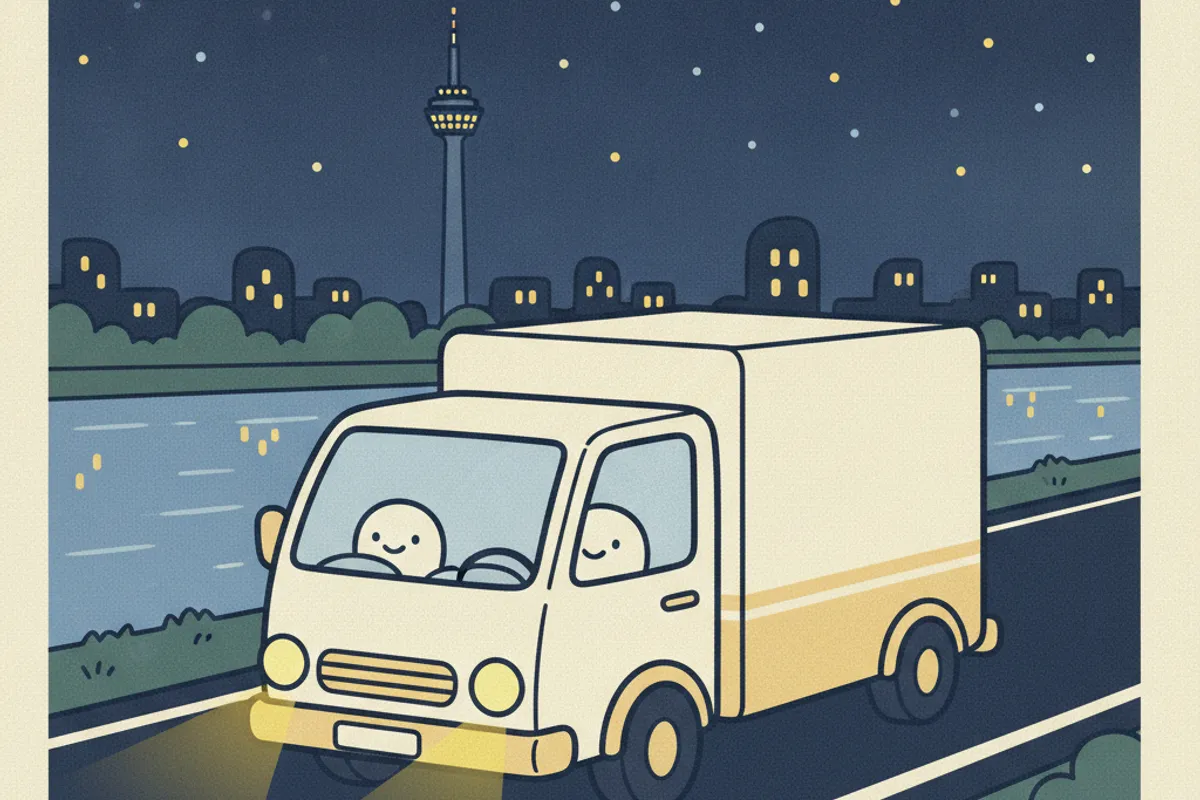 Umzugswagen fährt bei Abenddämmerung auf die Silhouette des Düsseldorfer Rheinturms zu
